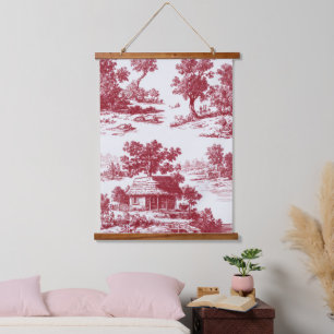 Timeless French Red Toile with Scenic Village Hanging Tapestry