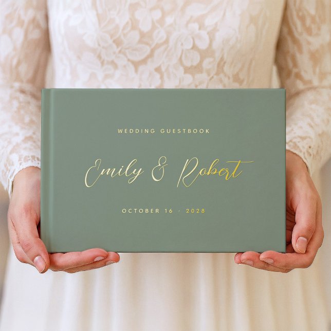 Timeless Gold Calligraphy Sage Green Wedding Photo Guest Book (Creator Uploaded)
