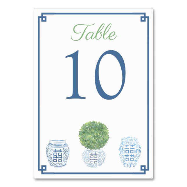 Timeless Green & Blue Boxwood Ginger Jar Wedding Table Number (Front)