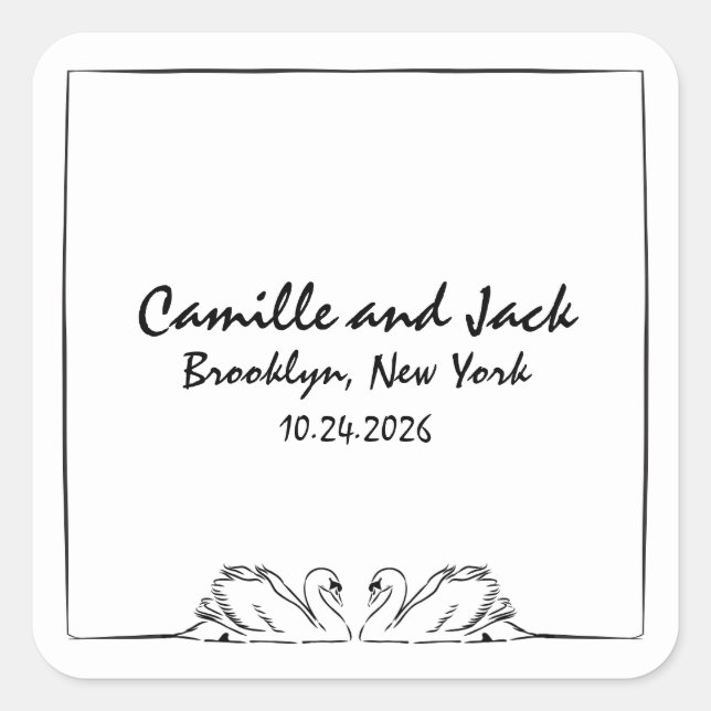 Timeless Handwritten Swan Illustration Wedding Square Sticker (Front)