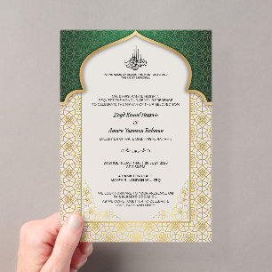 Timeless Islamic Wedding – Emerald & Gold Acrylic Invitations