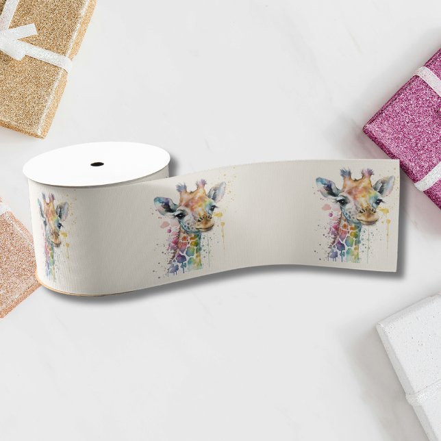 Timeless Ivory Watercolor Giraffe Pattern Grosgrain Ribbon (Creator Uploaded)