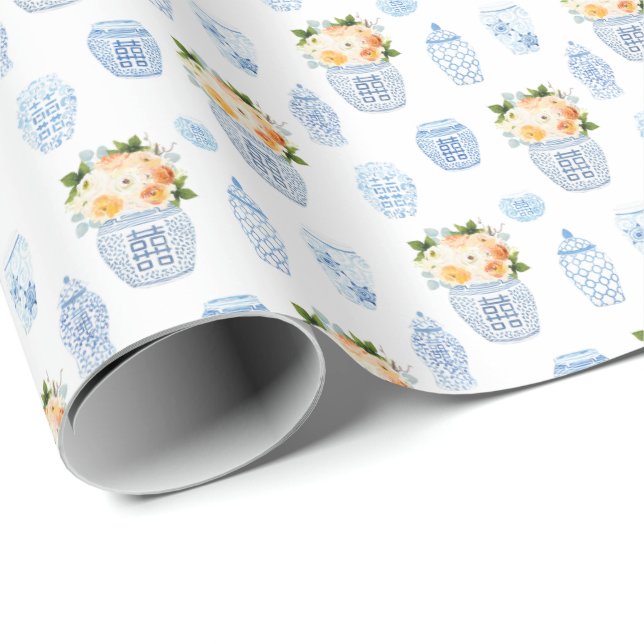 Timeless Lady Autumn Flowers Blue White And Orange Wrapping Paper (Roll Corner)