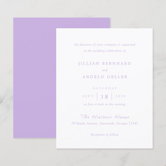 Timeless Lilac Classic Budget Wedding Invitation (Front/Back)