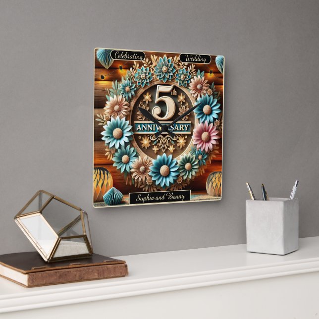Timeless Love: Fifth 5th Anniversary Floral Square Wall Clock (Office)