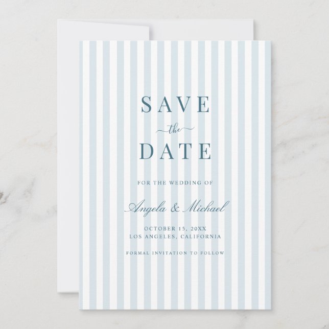 Timeless Luxe Script Blue Stripes Wedding Save The Date (Front)