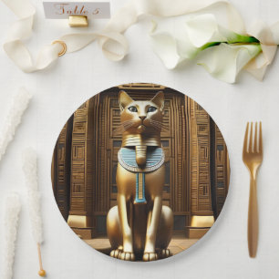 Timeless Majesty: The Golden Egyptian Pharaoh Cat Paper Plate