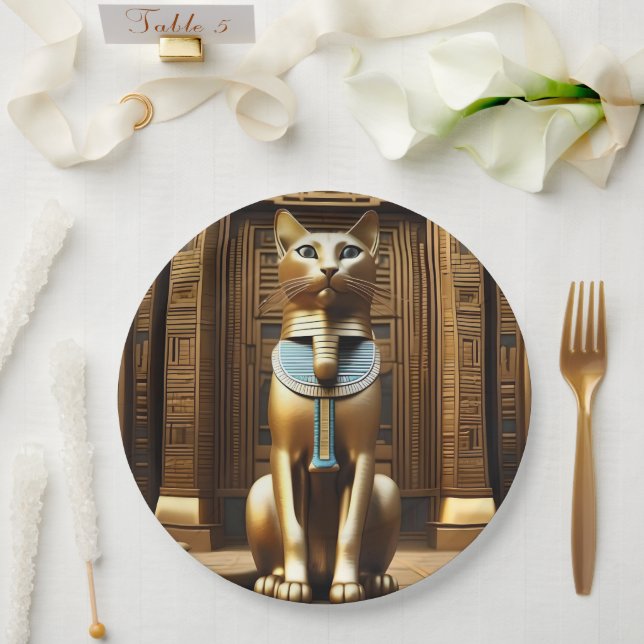 Timeless Majesty: The Golden Egyptian Pharaoh Cat Paper Plate (Wedding)