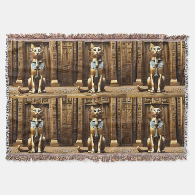 Timeless Majesty: The Golden Egyptian Pharaoh Cat Throw Blanket (Front)