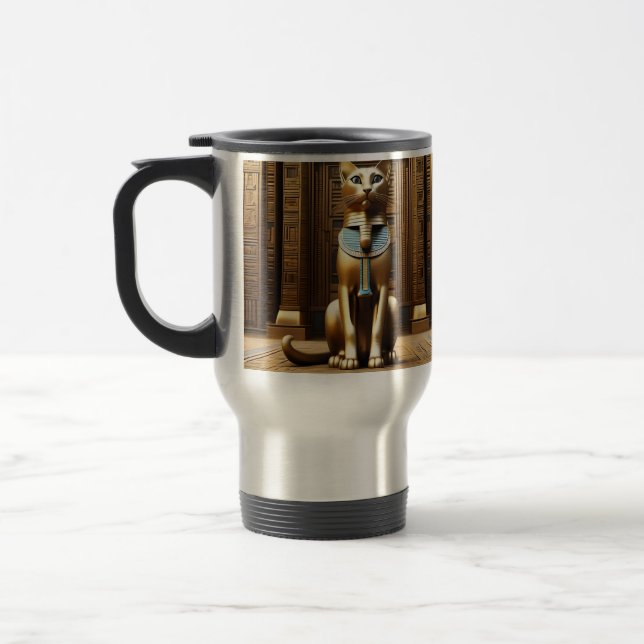 Timeless Majesty: The Golden Egyptian Pharaoh Cat Travel Mug (Left)