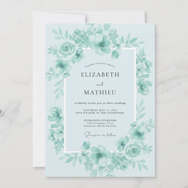 Timeless Mint Aqua Peony Wedding Invitation (Front)