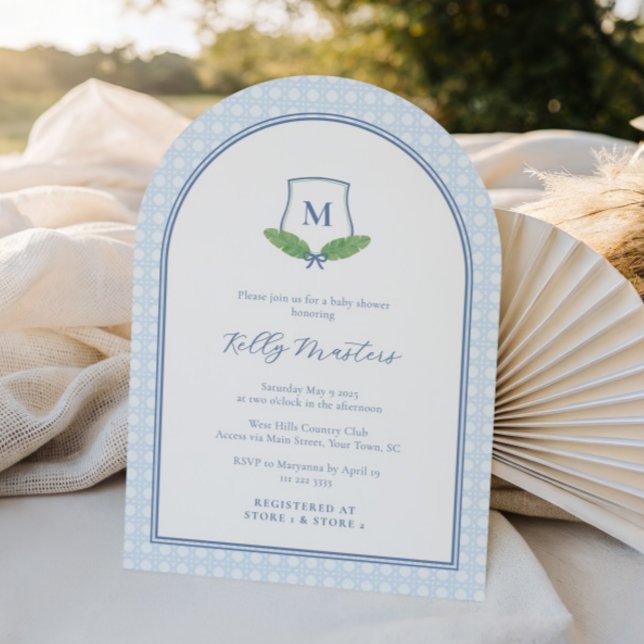 Timeless Modern Arch Monogram Baby Boy Shower Invitation (Preppy pale blue and green monogram baby shower invite cards with arch and bamboo cane weave print)
