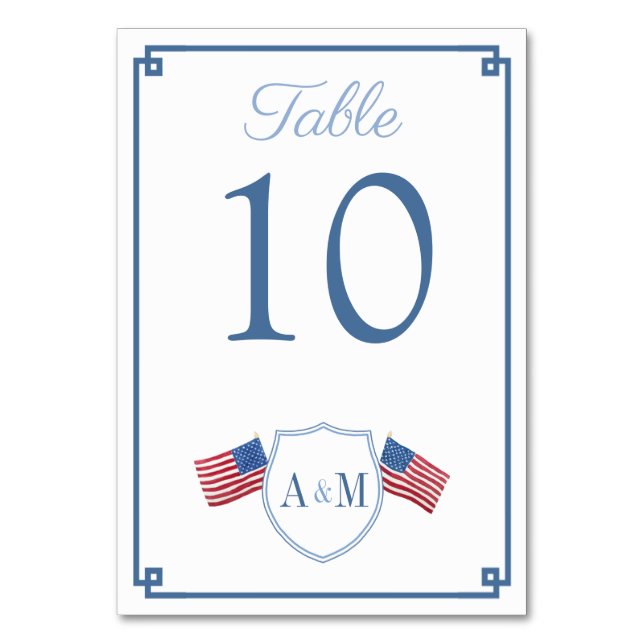 Timeless Monogram Crest 4th Of July Wedding Table Number (Front)