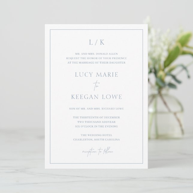 Timeless Monogram Dusty Blue Elegant Wedding Invitation (Standing Front)