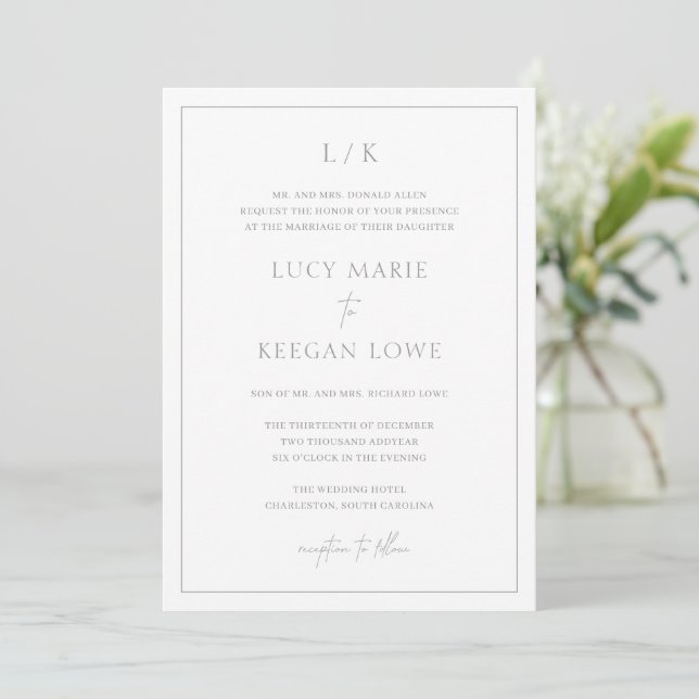 Timeless Monogram Grey Elegant Wedding Invitation (Standing Front)