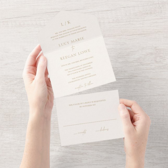 Timeless Monogram Ivory and Gold Elegant Wedding All In One Invitation (Tearaway)