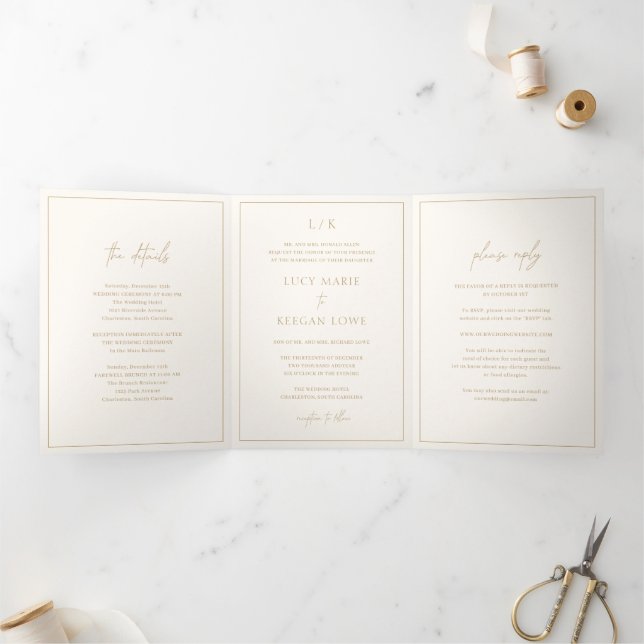 Timeless Monogram Ivory and Gold Elegant Wedding Tri-Fold Invitation (Inside)
