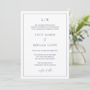 Timeless Monogram Navy Blue Elegant Wedding Invitation