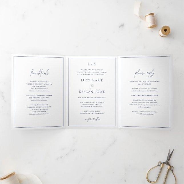 Timeless Monogram Navy Blue Elegant Wedding Tri-Fold Invitation (Inside)