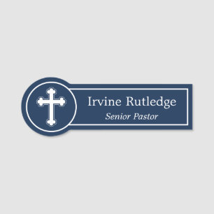 Timeless Navy Blue Cross Clergy Name & Title Tag
