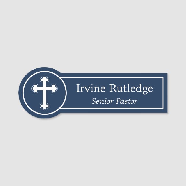 Timeless Navy Blue Cross Clergy Name & Title Tag (Front)