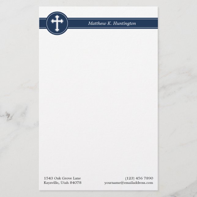 Timeless Navy Blue Cross Name & Contact Info Stationery (Front)