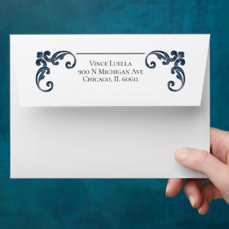 Timeless Navy Flourish Elegant Return Address Envelope