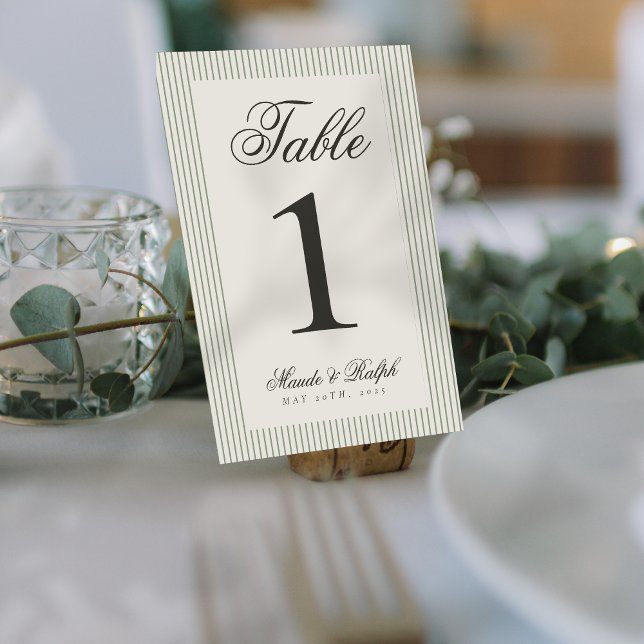 Timeless Old Money Green Stripe Wedding Table Number (Guide guests to their seats using these Timeless Old Money Thin Stripe Wedding Table Numbers! )