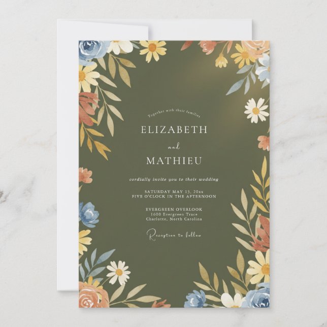 Timeless Olive Yellow Wildflower Wedding Invitation (Front)