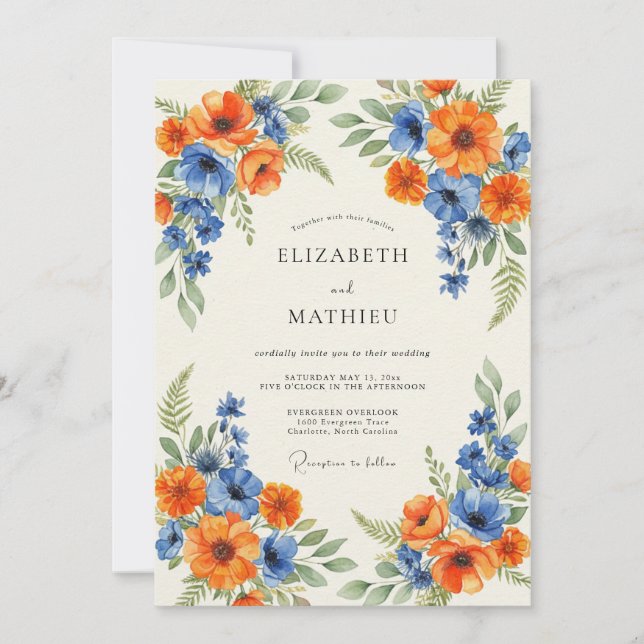 Timeless Orange Cobalt Poppy Wedding Invitation (Front)