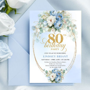 Timeless Pastel Blue Peonies Greenery 80 Birthday Invitation