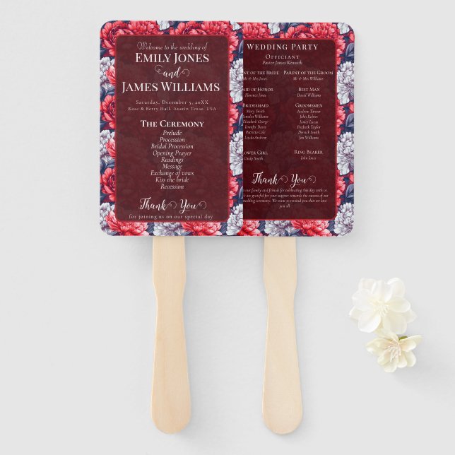 Timeless Peony Charm Seaside Wedding Program Hand Fan (Front and Back)