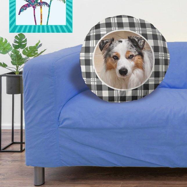 Timeless Pet Photo Dark Grey Buffalo Plaid Art Round Cushion (Buffalo Plaid Dark Gray and Buttercream Photo Round Pillow)