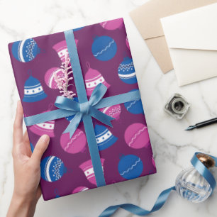 Timeless Pink and Blue Retro Christmas Ornaments Wrapping Paper