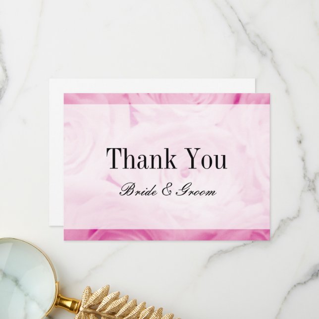 Timeless pink rose flower bouquet photo wedding thank you card (Front/Back In Situ)