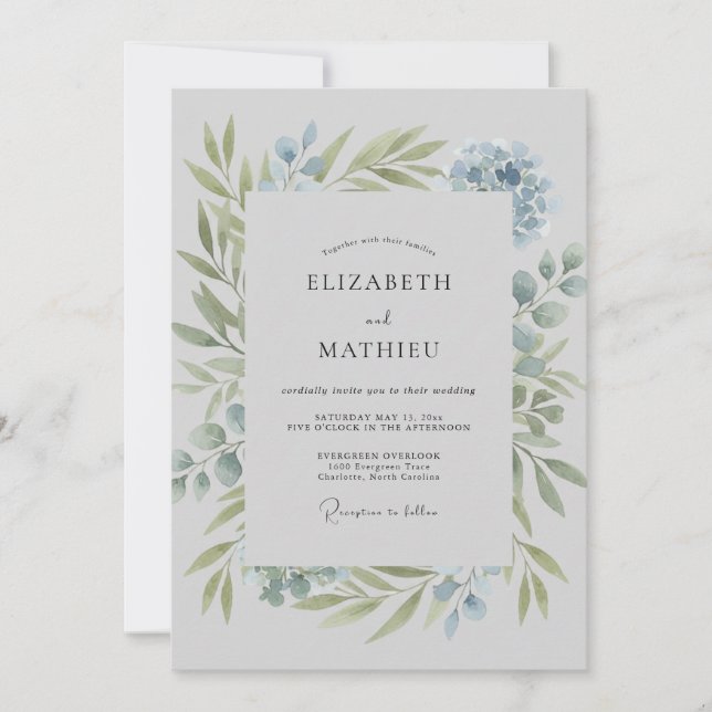 Timeless Powder Azure Leafy Wedding Invitation (Front)