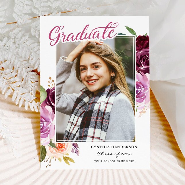 Timeless Purple Floral Girl Photo Graduation Announcement (Creator Uploaded)