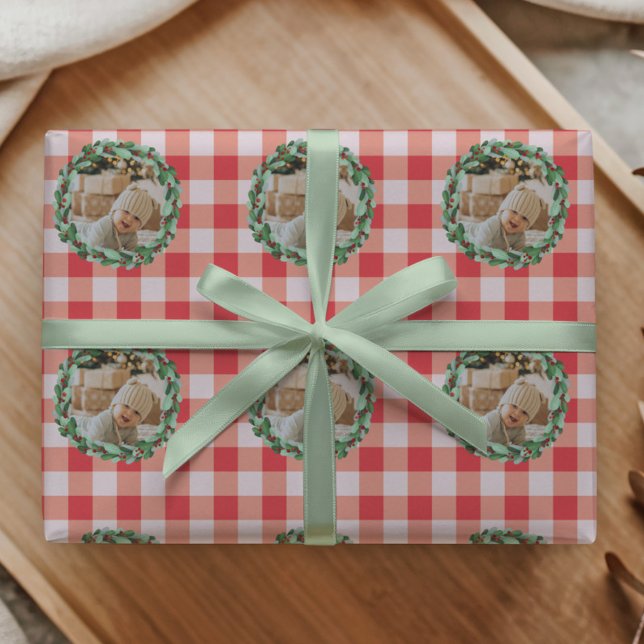 Timeless Red Gingham Farmhouse Custom Photo Wrapping Paper (Creator Uploaded)