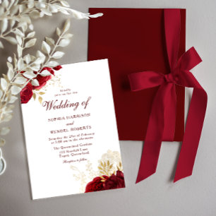 Timeless Red Roses & Gold Leaf Wedding Invitation