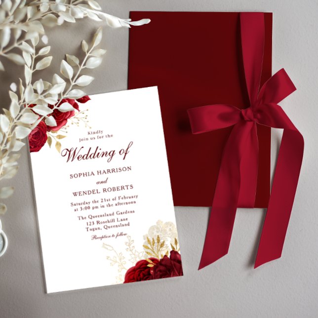 Timeless Red Roses & Gold Leaf Wedding  Invitation (Creator Uploaded)