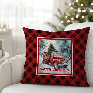 Timeless red truck holiday scene rustic watercolor cushion