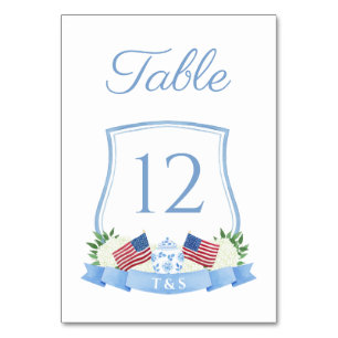 Timeless Red White Blue Watercolor Crest Wedding Table Number