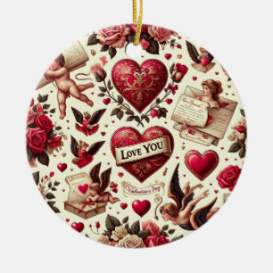 Timeless Romance: A Classic Valentine's Day Patter Ceramic Tree Decoration