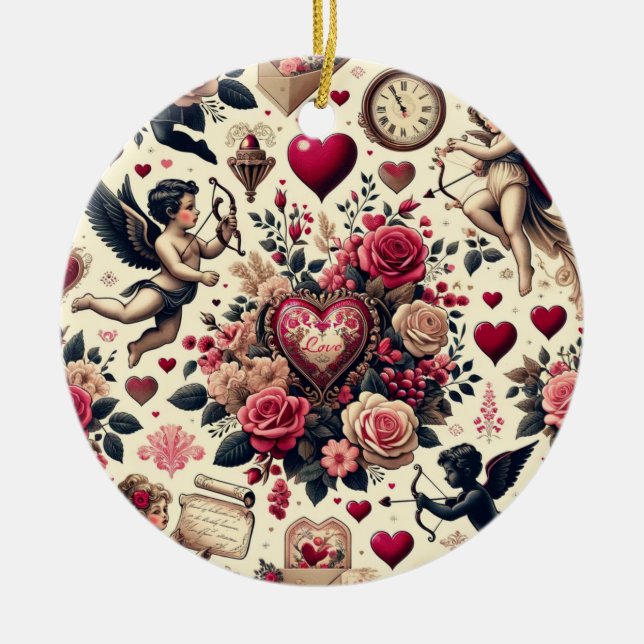 Timeless Romance: A Classic Valentine's Day Patter Ceramic Tree Decoration (Front)