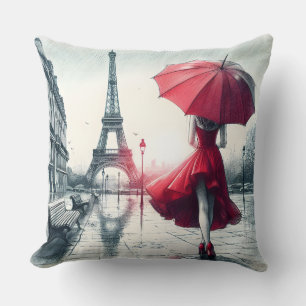 Timeless Romance in Parisian Rain Cushion