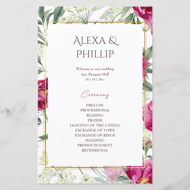 Timeless Romance Pink watercolor Wedding programs (Front)