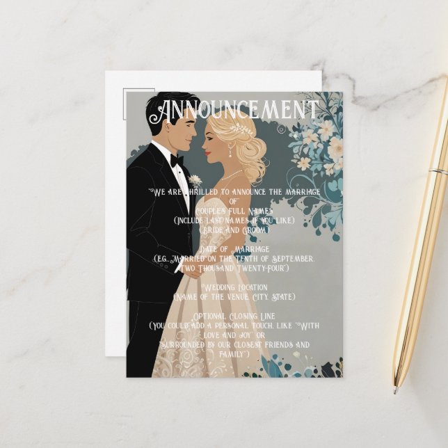 Timeless Romance: Watercolour Bride and Groom  Announcement Postcard (Front/Back In Situ)