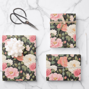 Timeless Rose Garden Elegance Deep Black Ivory Wrapping Paper Sheet
