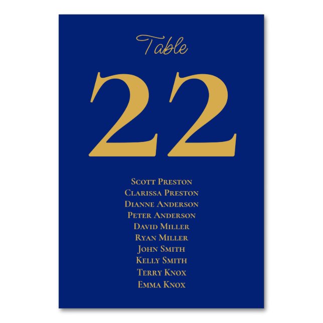 Timeless Royal Blue Gold Seating Assignment Table Number (Front)