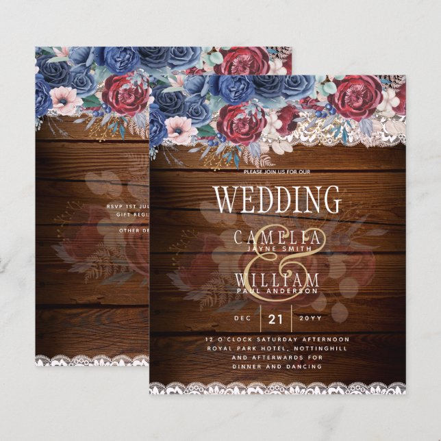 Timeless Rustic Blue Burgundy Floral Lace Wedding (Front/Back)